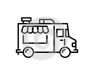 Food truck logo line icon. Vector foodtruck kitchen street van design icon