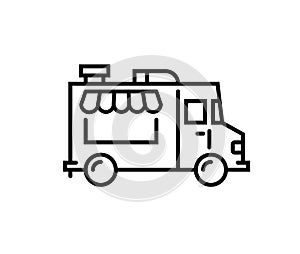 Food truck logo line icon. Vector foodtruck kitchen street van design icon. photo