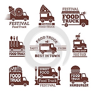 Food truck logo. Street festival van fast catering outdoor kitchen vector labels and badges monochrome style