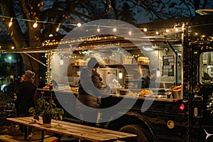 Food Truck Operations in Nighttime Parking Lot, A cozy food truck with a cozy atmosphere, serving up comforting dishes like mac