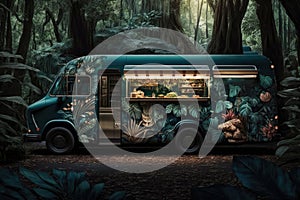 A Food Truck Parked In A Dense Forest, Surrounded By Tall Trees And Green Foliage. Generative AI photo