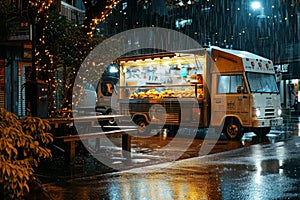 Jedlo nákladné auto je zaparkované na daždivý noc dažďovej kvapky vytváranie trblietavé účinok na dlažba obraz z jedlo nákladné auto v 