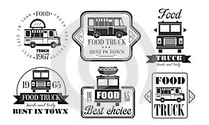 Food Truck Premium Retro Logo Templates Set, Best in Town, Tasty Fast Food Vintage Monochrome Labels Vector Illustration