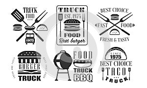 Food Truck Retro Logo Templates Set, Fresh and Tasty Fast Food Vintage Labels Vector Illustration