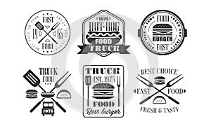 Food Truck Retro Logo Templates Set, Fresh and Tasty Fast Food Vintage Monochrome Labels Vector Illustration