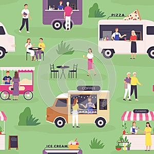 Food truck seamless pattern. Summer street festival and people buy fast food, pizza and coffee in vans or carts. Outdoor market