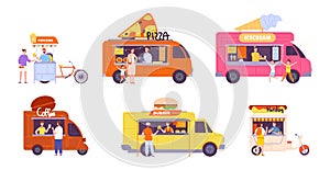 Food truck sellers. Foodtruck vendors takeaway meal street festival, merchant bike cart beach market icecream bus burger