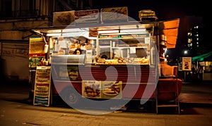 Food truck selling fast food. Street food working at night. Generative AI