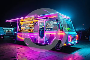 A food truck serving delicious meals parked alongside the road, attracting hungry customers, Modern food truck with bright neon