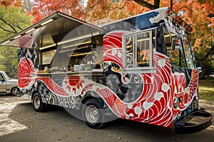 A food truck serving delicious meals is parked in a busy parking lot, ready to serve hungry customers, Asain-inspired food truck