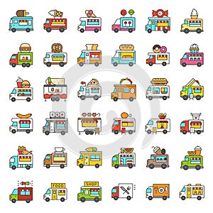Food truck vector icon set, filled style editable stroke