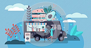 Food truck vector illustration. Flat tiny mobile meal van persons concept.