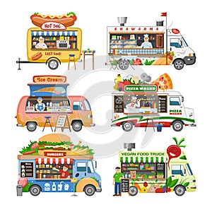Food truck vector street food-truck vehicle and fastfood delivery transport with hotdog or pizza illustration set of man