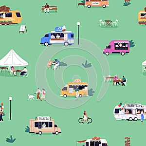 Food trucks at outdoor festival, seamless pattern. Summer fest with trailers, wheeled cafes, caravans, endless photo