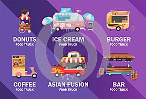 Food trucks poster vector template. Street food festival. Brochure, cover, booklet page concept design with flat illustrations.