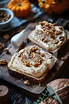 Food Two slices of toast with hummus and walnuts on a wooden cutting board