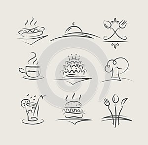 Food and utensils set of vector icons