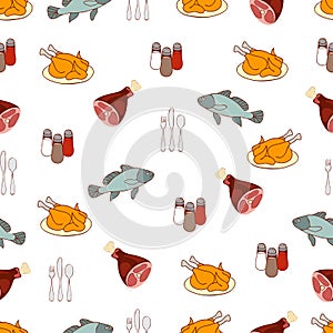 Food vector background, meat and fish. Drawn cartoon multicolored foodstuffs, gustable illustration. For the design of the