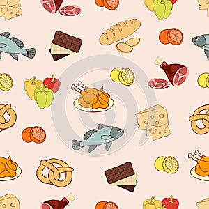 Food vector background, seamless pattern. Drawn cartoon multicolored foodstuffs on a beige . For the design of the fabric