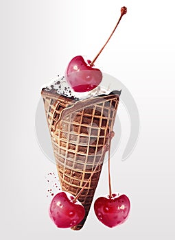 Food vector illustration sweet ice cream wit red cherry berries in watercolor style photo