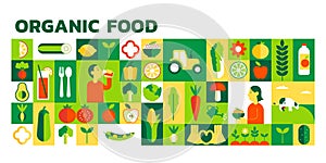 Food vegetable organic set. Fruits drinks, kitchen background, green plant, farm meal eating, healthy menu design