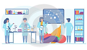 Food vegetable research, gmo experiment in laboratory, vector illustration. Biotechnology in lab, genetic modification