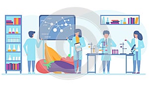 Food vegetable research, gmo experiment in laboratory, vector illustration. Biotechnology in lab, genetic modification