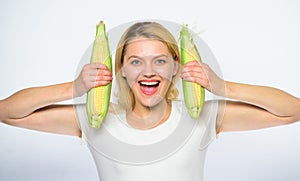 Food vegetarian and healthy natural organic product. Cook corn recipe. Vegetarian nutrition concept. Woman hold yellow