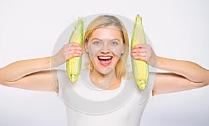 Food vegetarian and healthy natural organic product. Cook corn recipe. Vegetarian nutrition concept. Woman hold yellow