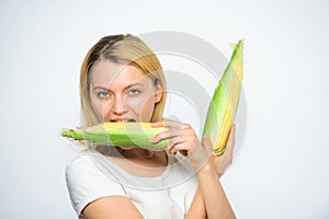 Food vegetarian and healthy natural organic product. Corn crop harvest concept. Vegetarian nutrition concept. Woman hold