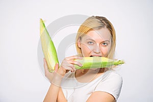 Food vegetarian and healthy natural organic product. Corn crop harvest concept. Vegetarian nutrition concept. Woman hold