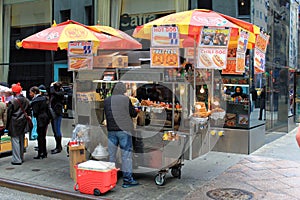 Food vending carts on the street in Manhattan. These mobile food carts require permits