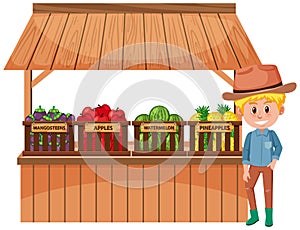 Food vendor with fruits and farmer on white background