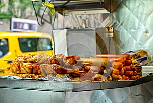 A food vendor truck serves up grilled shish kebab and hot dogs in New York