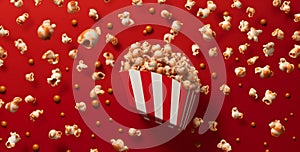 background corn film bucket blue popcorn cinema box food stripes red. Generative AI.