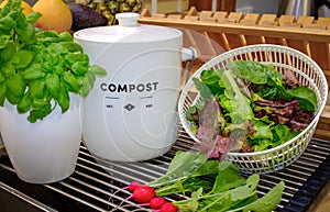 Food waste compost pot with home grown vegetables on kitchen counter top, self sufficiency