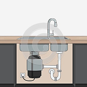 Food waste disposer installed under kitchen sink. Home garbage disposal. Kitchen interior. Recycling organic waste. Sustainable