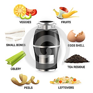 Food waste disposer and kitchen scraps, vector isolated illustration