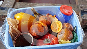 Food waste at household, Peels of oranges. A woman throws uneaten rotten fruit and juice fruit waste into the trash can