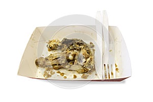 Food waste on paper plates with plastic knives and forks isolate
