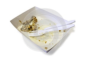 Food waste on paper plates with plastic knives and forks isolate