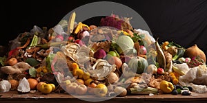 Food waste piled high, representing the imbalance between consumption and global hunger, concept of Sustainability