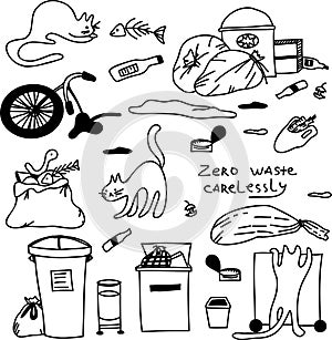 Food waste problem set of elements with lettering zero waste carelessly and undomestic cats.