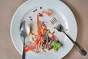 Food waste. Top view piece of food remains on plate