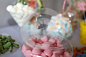 Food. Wedding snacks. A table on which sweets are arranged for events. Tasty sweets. A fork. Sweets for a wedding table. Colorful