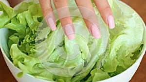 Food a white bowl with leaf vegetable lettuce leaves on a wooden table