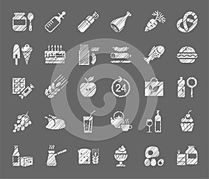 Food, white icons, grocery store, pencil shading, vector.