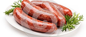 Food White plate with Knackwurst, Bockwurst, and greens photo