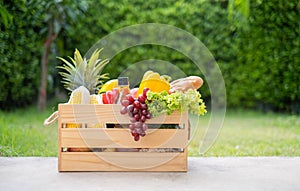 Food on wooden crate fresh healthy eating deliver at home from garden farm online shopping supermarket