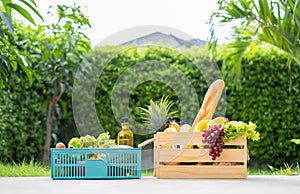 Food on wooden crate fresh healthy eating deliver at home from garden farm online shopping supermarket